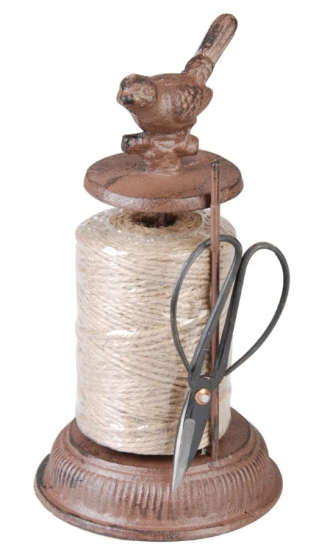 Garnspender mit Schere Vogel Spindel Gusseisen Antik-Braun Schnurspender