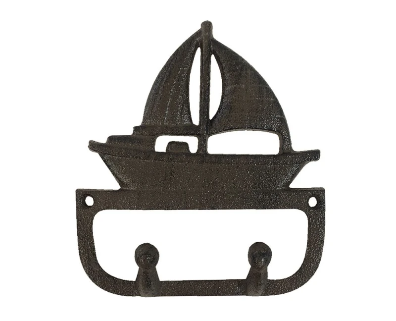 Garderobenhaken Segelboot Doppel-Haken Gusseisen Antik-Braun Maritim 14cm