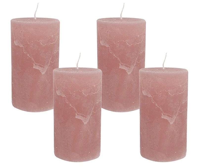 4 Rustic Stumpenkerzen Premium Kerze Rosenholz Rosa 7x12cm - 55 Std Brenndauer