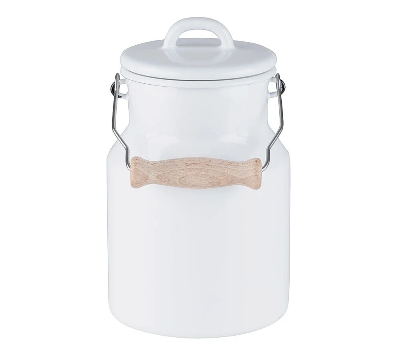 Riess Oma`s Milchkanne mit Deckel & Holzgriff Emaille Weiß 1,5L