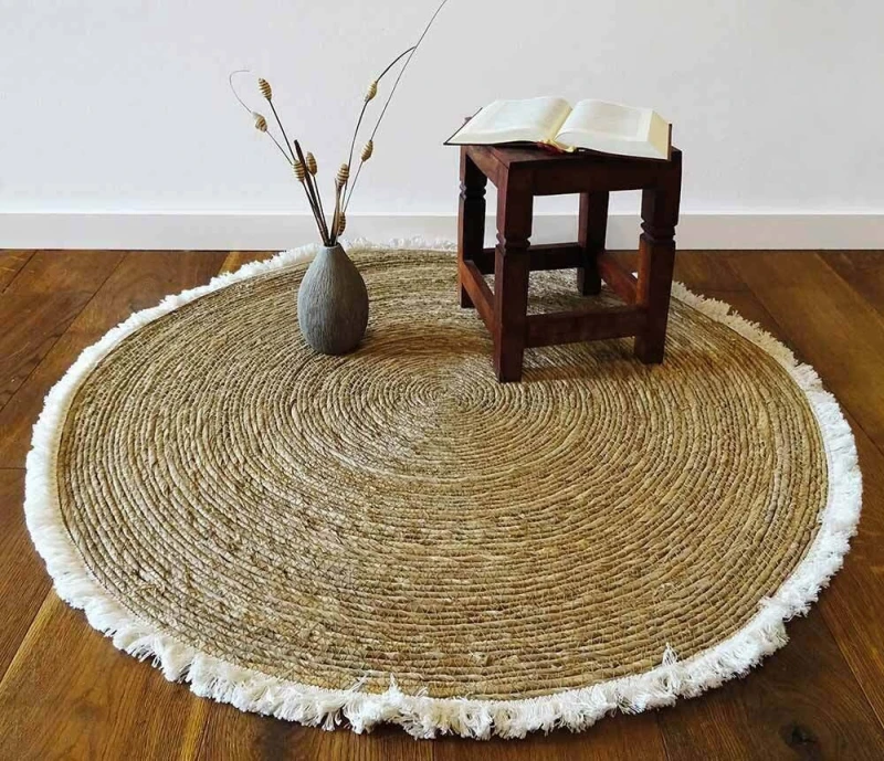 Jute Teppich Rund Boho Style Marrakesch Naturfaser Geflochten Fransen 100cm