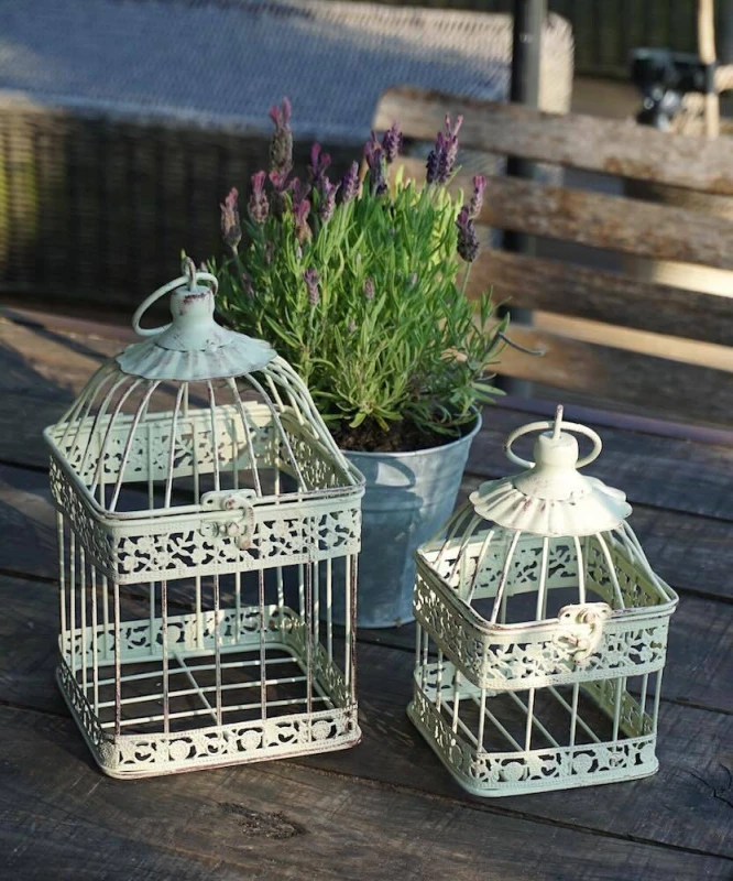 Deko Vogelkäfig Dekokäfig 2er-Set Vintage Nostalgie Antik-Stil Weiß