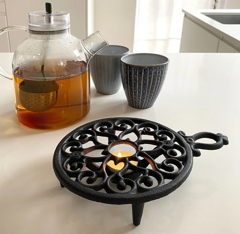 Stövchen Rund mit Griff Vintage Warmhalteplatte Rechaud Gusseisen Schwarz