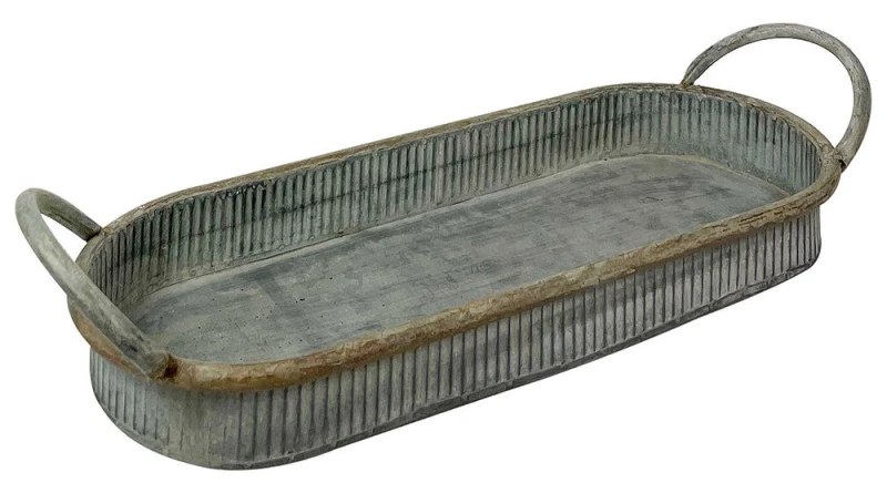 Tablett Zink Oval mit Griffen Dekotablett Vintage Antik-Stil 36x14cm