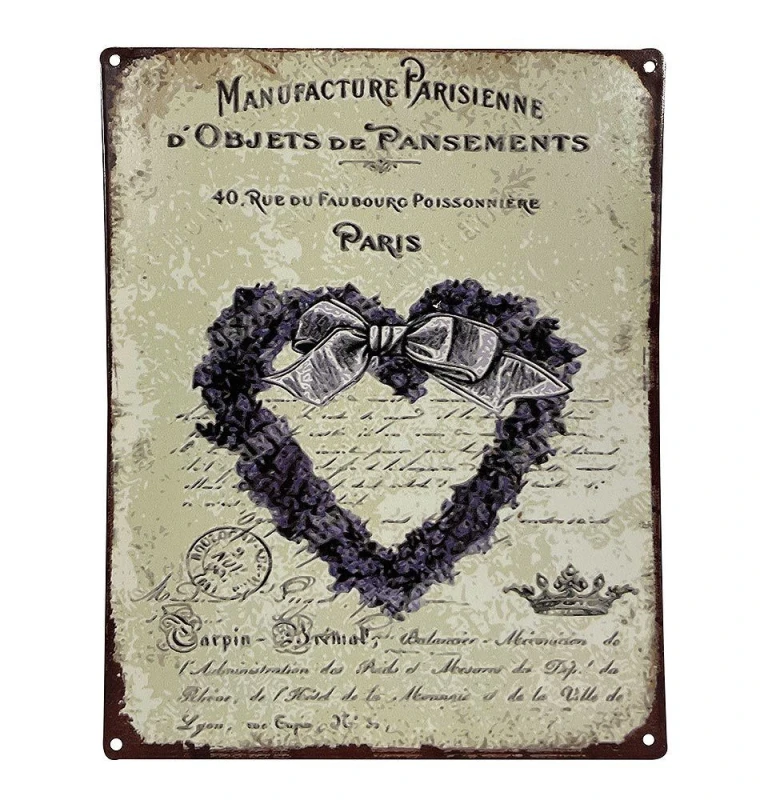 Blechschild Paris Lavendel Herz Dekoschild Dekoschild Vintage-Stil 20x25cm