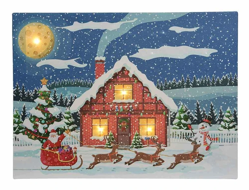 LED Bild Winterlandschaft Weihnachtsmann Schlitten Schneemann Wandbild 28x38cm