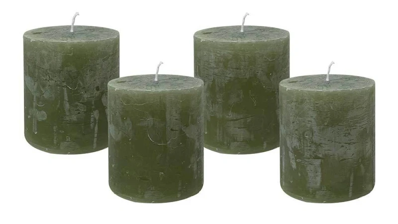 4 Rustic Stumpenkerzen Premium Kerze Oliv Grün 7x8cm - 40 Std Brenndauer