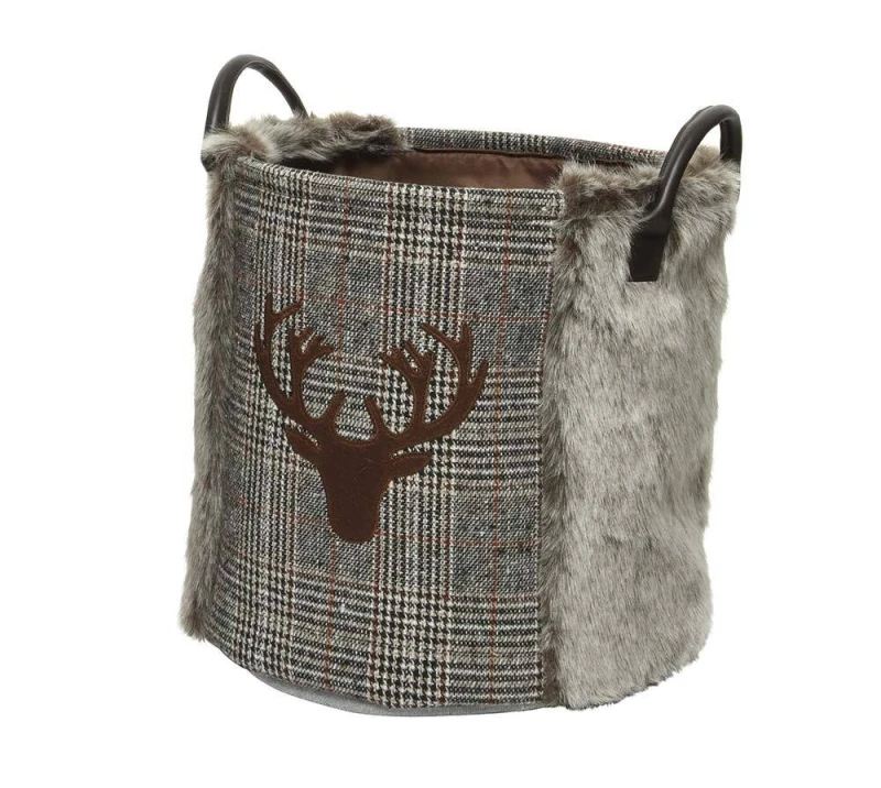 Aufbewahrungskorb Rentier Grau Kariert Deko-Korb mit Griffen Weihnachten 30 cm