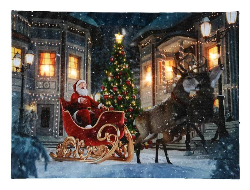 LED Bild Weihnachtsmann Schlitten Rentiere Weihnachten Leinwand Wandbild 28x38cm