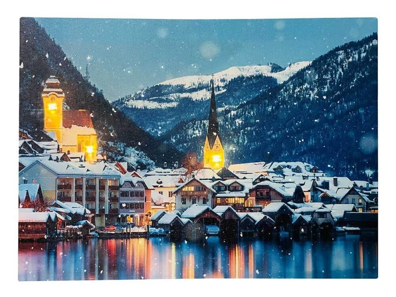 LED Bild Weihnachten Winterlandschaft Stadt am See Leinwand Wandbild 28x38cm