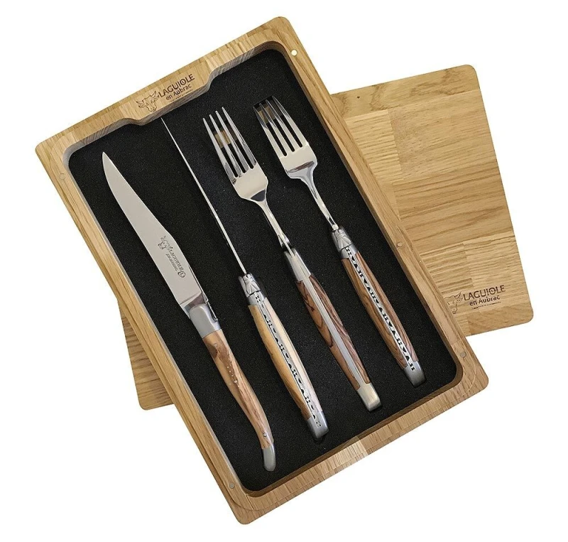 Laguiole en Aubrac Besteck-Set 2 Steakmesser 2 Gabeln Olivenholz (Olivier)
