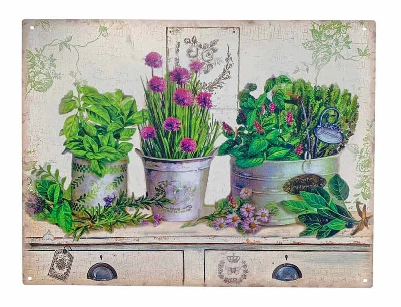 Blechschild Küchenkräuter Retro Metallschild Küche Provence Vintage Stil 33x25cm