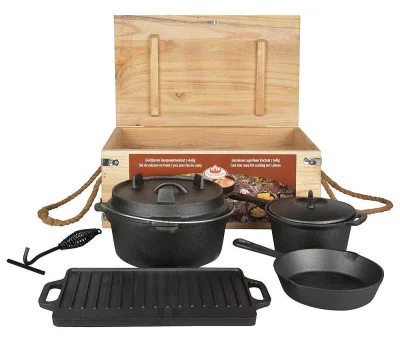 Dutch Oven Set 7-teilig Outdoor Kochset Gusseisen Lagerfeuer Grillplatte Pfanne Topf