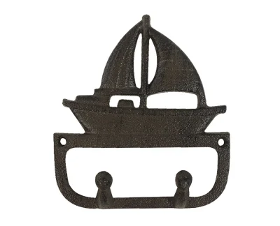 Garderobenhaken Segelboot Doppel-Haken Gusseisen Antik-Braun Maritim 14cm