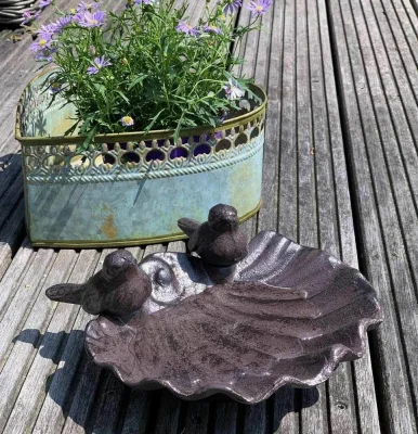 Vogeltränke Vogelbad Muschel 2 Vögel Gusseisen Braun Antik-Stil