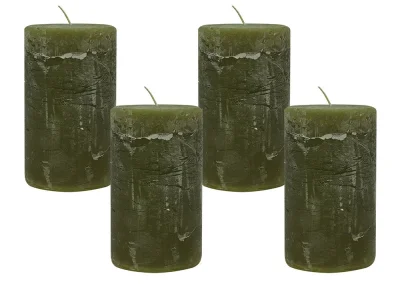 4 Rustic Stumpenkerzen Premium Kerze Dunkelgrün Oliv 7x12cm - 55 Std Brenndauer
