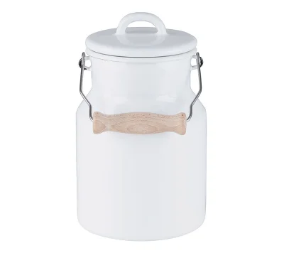 Riess Oma`s Milchkanne mit Deckel & Holzgriff Emaille Weiß 1,5L