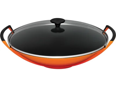 Le Creuset Wok mit Glasdeckel Gusseisen Ofenrot 36cm