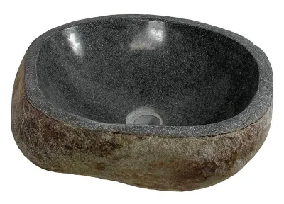 Waschbecken Naturstein Aufsatzwaschbecken Flussstein Handwaschbecken Oval M 40-45 cm