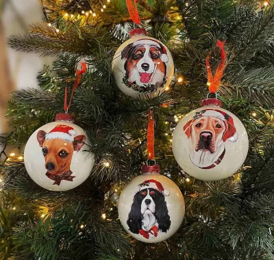 Christbaumkugel Hund 4 Stück verschiedene Motive Weihnachtskugel Echt Glas