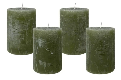 4 Rustic Stumpenkerzen Premium Kerze Oliv Grün 7x10cm - 45 Std Brenndauer