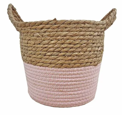 Pflanzkübel Seegras geflochten mit Henkel Korb Pflanzgefäß 2-Farbig Pink 24 cm